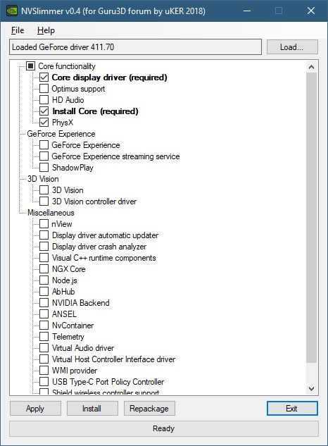 NVIDIA driver slimming utility (NVSlimmer) screenshot