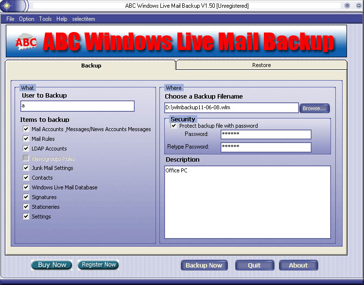 ABC Windows Live Mail Backup Screenshot