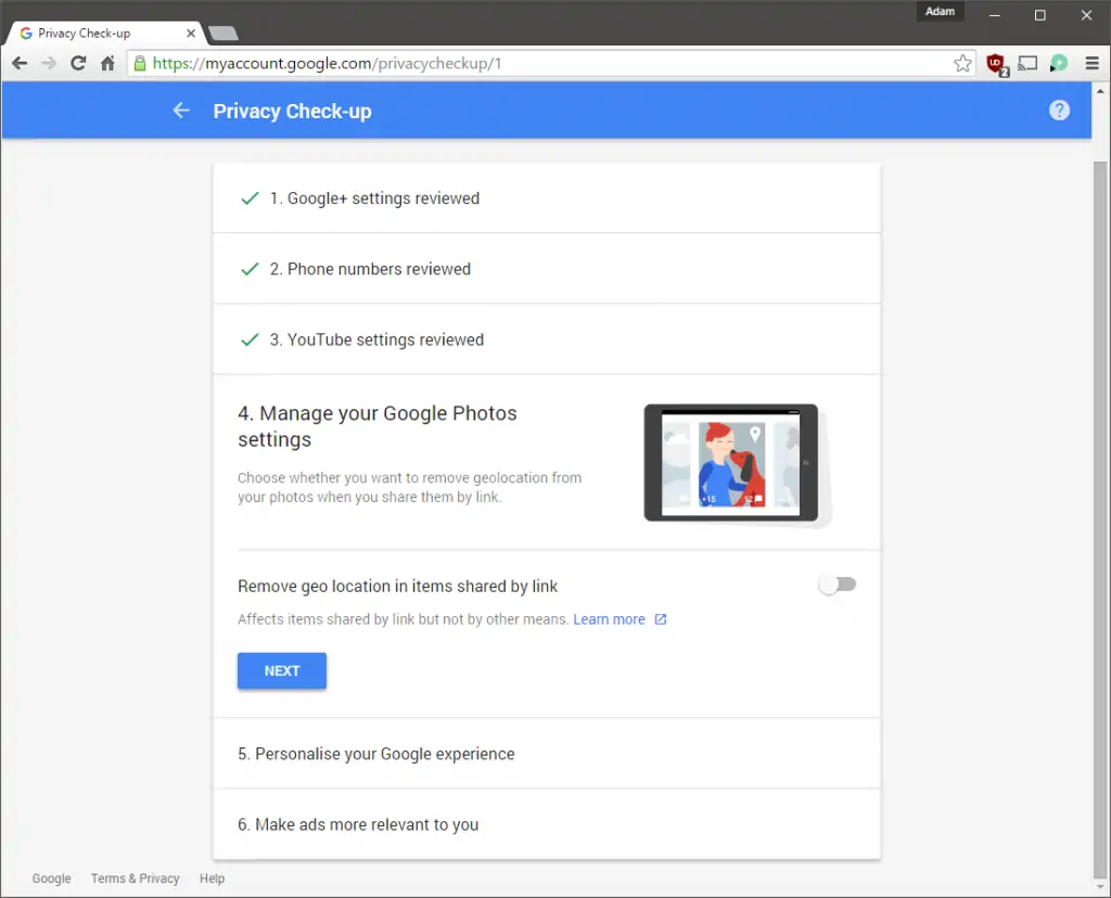 Privacy Check-up Google Photos