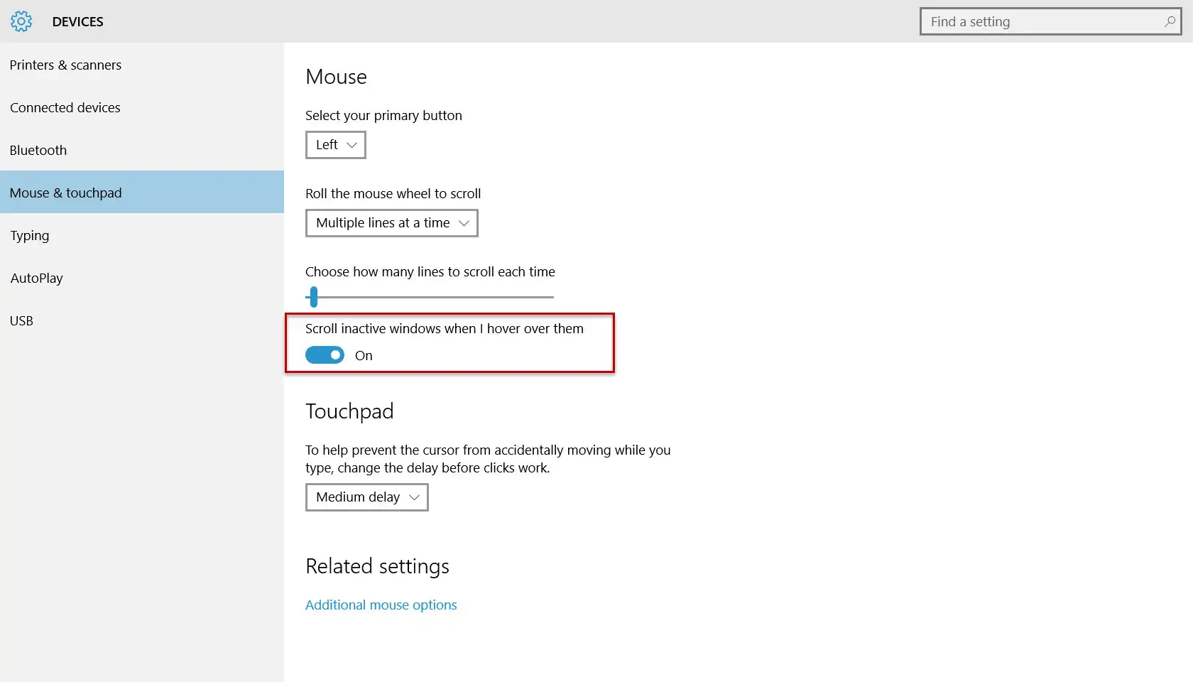 Windows 10 Settings - Mouse & touchpad